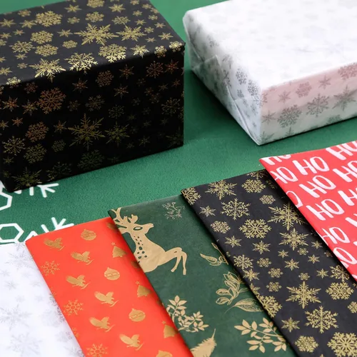 Vista 6 de PAPER FAIR HoHoHo - Juego de 100 hojas de papel de seda de regalo verde vintage dorado y plateado, papel de seda de copo de nieve HoHoHo, para caja