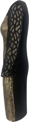 Vista 6 de Vestido de cóctel de lentejuelas para mujer, talla grande, sexy, cuello redondo, malla transparente, manga cortalarga, bodycon con purpurina