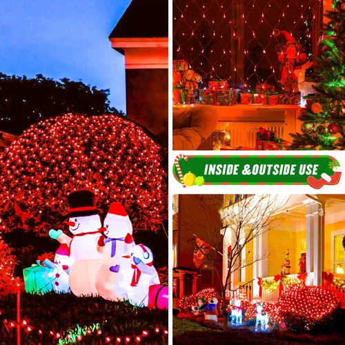 Vista 4 de JMEXSUSS 200 luces LED rojas de red de Navidad, 9.8 pies x 6.6 pies, luces de arbusto de Navidad conectables con control remoto, 8 modos de enchufe