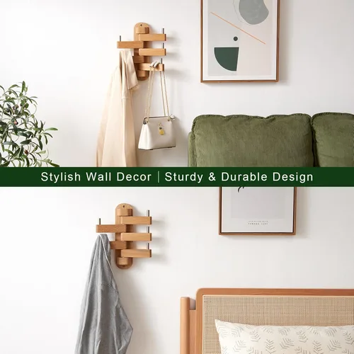Vista 4 de Perchero giratorio para pared, ganchos de pared de madera de roble con 5 brazos plegables giratorios, estante de entrada para dormitorio, entrada