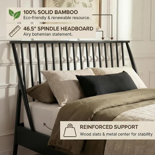 Vista 4 de Merax Cama Queen con plataforma de madera de bambú maciza con cabecera de 46.5 pulgadas de alto, marco de cama bohemio con listones de madera y Negro