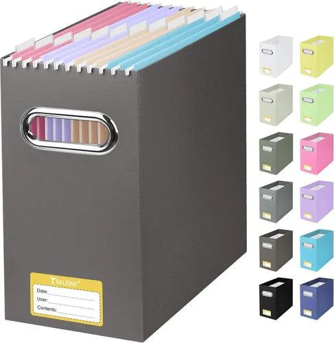 Vista 24 de BALEINE Caja organizadora de archivos, organizador de carpetas de archivos de cartón con asa para tamaño carta, caja de archivos plegable portátil