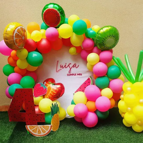 Vista 7 de Juego de arco de globos frutales Twotti de 149 piezas, globos rosa pastel amarillo verde Citrus Balloons, Watermelon Pineapple Tropical Mylar Foil