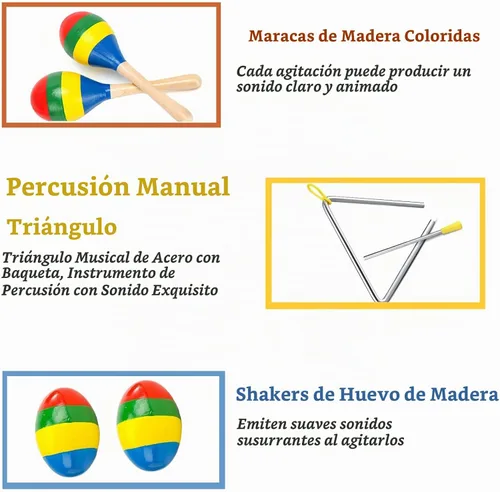 Vista 6 de Pandereta de madera de 6 pulgadas, instrumento Guiro con forma de pez, maracas de madera, cocteleras de huevos, triángulo de acero musical de 6