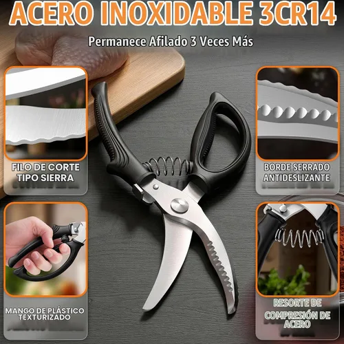 Vista 3 de Tijeras para aves de corral resistentes, tijeras de pollo de acero inoxidable con diseño de resorte, borde dentado antideslizante y bloqueo