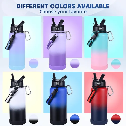 Vista 6 de Botella de Agua Aislada, botellas de agua de boca ancha de acero inoxidable de 32 onzas con 2 tapas a prueba de fugas y mango de paracord, botella