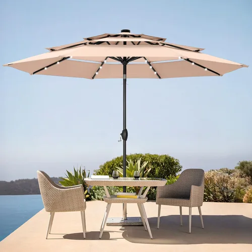 Vista 14 de PHI VILLA - Sombrillas de patio de 9 pies con 24 luces LED solares, sombrilla iluminada para mesa de mercado al aire libre con 8 varillas de acero