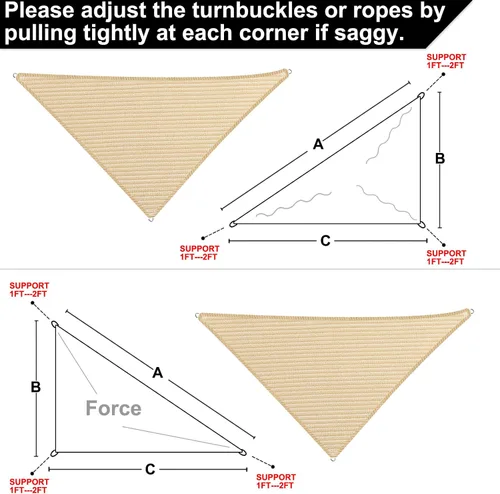 Vista 4 de Toldo triangular de 5 x 5 x 5 pies con borde recto, color beige, toldo triangular para exteriores, cubierta de pérgola con bloqueo UV, personalizable