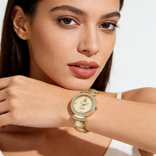 Vista 3 de 1080P Reloj dorado para mujer, esfera redonda pequeña, reloj de pulsera de cadena de diamantes de imitación ajustable, impermeable, reloj de pulsera