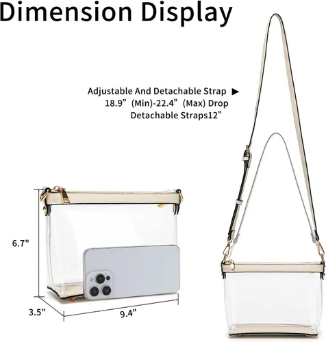 Vista 4 de Y&R Direct Bolsa cruzada 3 en 1 con cremallera transparente con ribete de cuero vegano para estadio, festival, concierto, regalos para el día