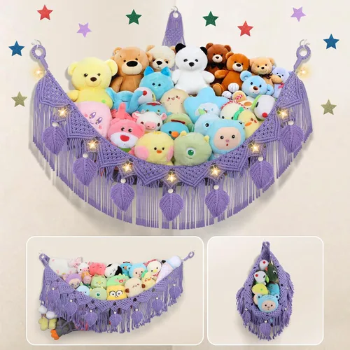 Vista 25 de Hamaca Esquinera para Animales de Peluche - Jumbo de 56'' Hecha a Mano con Cordón Doble de Macramé de 5mm, Red de Almacenamiento de Animales