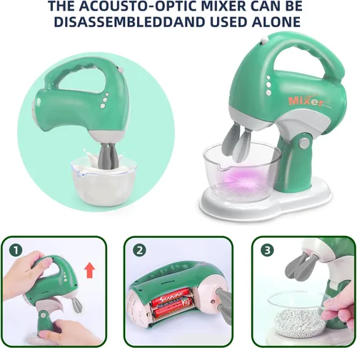 Vista 4 de Yalujumb Juego de juguetes de cocina, juego de electrodomésticos de cocina con cafetera, mezclador, tostadora con luces y sonidos realistas, regalo