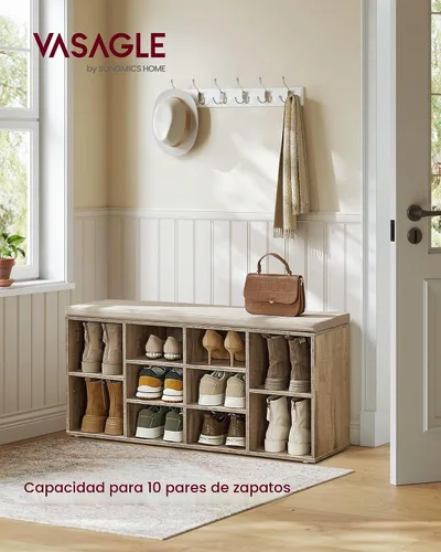 Vista 3 de VASAGLE - Colección CUSTOS - Banco para zapatos, banco de almacenamiento con asiento acolchado, banco de entrada con 10 compartimentos