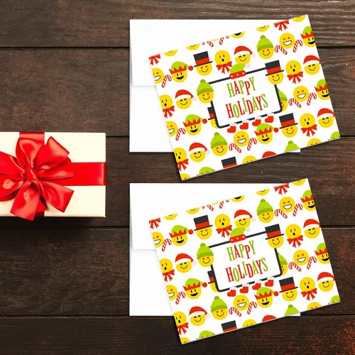 Vista 5 de Tarjetas de felicitación de Happy Holidays, rojo y verde, divertido patrón de emoji lindo, plegable en blanco para Navidad y Año Nuevo, 4.25 x 5.5