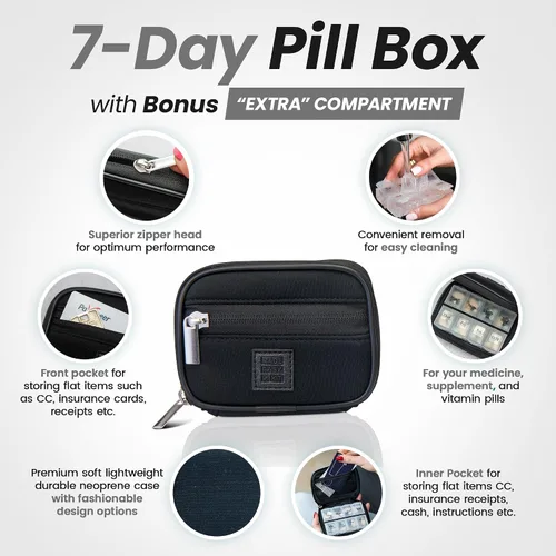 Vista 3 de Made Easy Kit Estuche para Píldoras - Organizador Semanal de Medicamentos con Caja Removible de Siete Días para Vitaminas y Suplementos - Neopreno