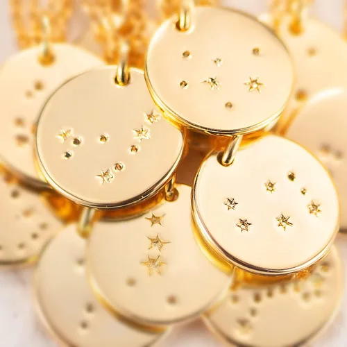 Vista 6 de Mevecco - Collar de oro, disco de moneda, zodiaco, 12 constelaciones, estrella conectada, grabado con horóscopo, colgante de astrología, cadena