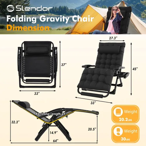Vista 3 de Slendor Sillas de gravedad cero de gran tamaño XXL, silla reclinable Negro