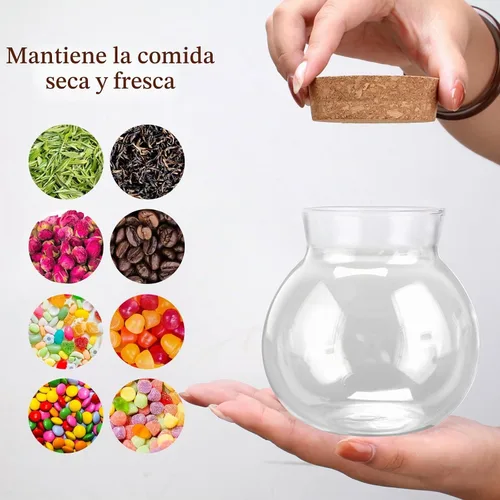 Vista 3 de Tarro de vidrio esférico de 17 onzas con tapa de corcho hermético, tarro de vidrio de cocina para conservar y almacenar dulces, té, café, especias