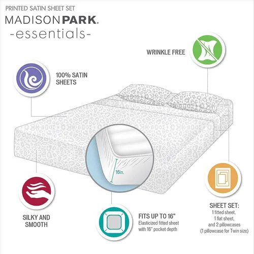 Vista 153 de Madison Park Essentials - Juego de sábanas de satén de lujo y sedoso con brillo natural, bolsillo elástico de 14 pulgadas para colchones de hasta 16