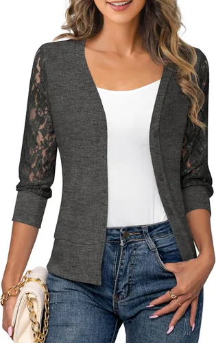 Vista 2 de Tralilbee Cárdigan de manga 34 para mujer, frente abierto, cuello en V, encaje con botones, bolero para vestidos S-XL