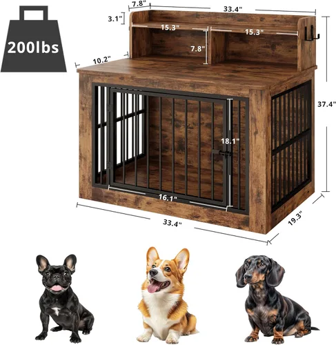 Vista 2 de IRONCK Mueble de jaula para perros, jaula de madera para perros pequeños de 33.4 pulgadas con almacenamiento y 4 ganchos, jaula resistente