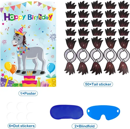 Vista 2 de Pin The Tail On The Donkey Juego de fiesta de cumpleaños con 50 piezas de colas grandes de juegos de burro para niños, suministros de fiesta