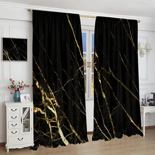 Vista 79 de Cortinas Negras con Dobladillo Dorado, Cortinas Opacas con Bolsillo para Barra con Estampado de Rayas de Foil en Onda Dorada para Decoración de Negro