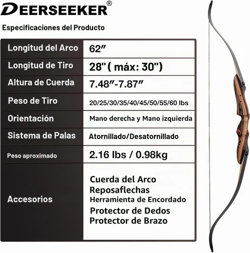 Vista 2 de Deerseeker Archery 62" Takedown Recurve Bow Set with Right Hand & Left-Handed Riser Laminated Limbs 20-60 lbs for Adults & Youth, Archery Practice &