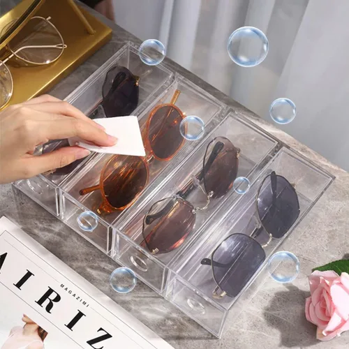Vista 6 de CLUQMEIK Organizador de lentes de sol de acrílico con 4 tapas, organizador de cajones, suministros rectangulares para baño, dormitorio, escritorio