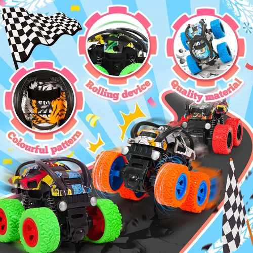 Vista 4 de SevenQ Monster Truck - Juguetes de coches para niños, paquete de 4 coches de carreras, recuerdos de fiesta para niños, empujar y avanzar, coches