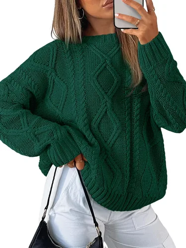 Vista 17 de Trendy Queen Suéteres de punto trenzado de gran tamaño para mujer, trajes Verde militar