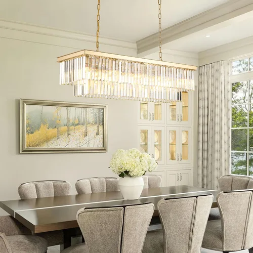 Vista 5 de Candelabro rectangular dorado de 40 pulgadas, 10 luces, iluminación colgante de cristal de lujo para comedor, isla de cocina y bar, altura