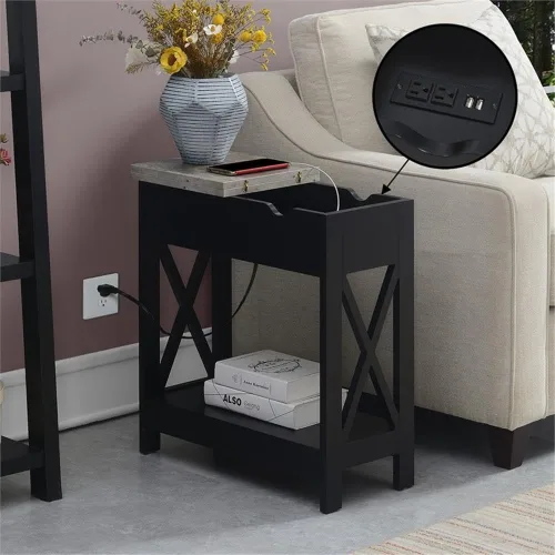 Vista 2 de Convenience Concepts Oxford - Mesa auxiliar abatible con estación de carga de 23.75 pulgadas, moderna mesa de sala de estar con puertos USB y tomas