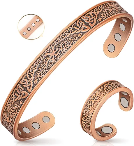Vista 10 de Pulseras de cobre Auramag para mujeres, anillo de cobre y pulsera magnética con imanes de 3500 Gauss, joyería de cobre 99,99% pura para mujeres