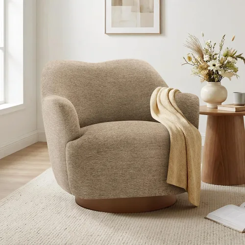 Vista 17 de Silla giratoria decorativa, silla tapizada de barril con diseño de respaldo de camello curvas, moderna silla con brazo con base de madera para sala