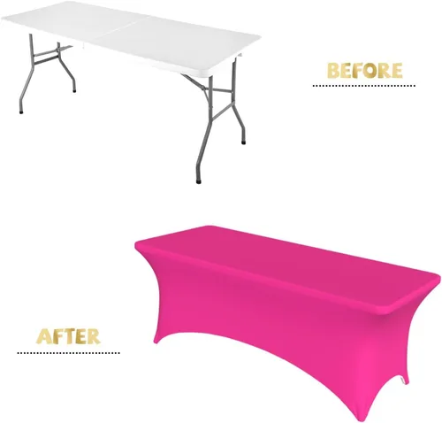 Vista 3 de Mantel de elastano personalizado de 4 pies personalizado con logotipo, imagen de texto, foto, mantel rectangular ajustable para eventos, fundas