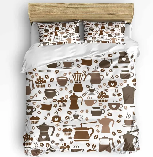 Vista 3 de Duvet Cover Set Twin, Coffee Maker Beans Cups Cake 3 Piece Bedding Set Breathable Quilt Cover Set, Coffee Time Soft Microfiber Bed Set with Pillow