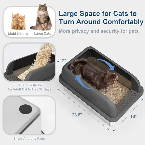 Vista 4 de Caja de arena de acero inoxidable para gatos con tapa cerrada, caja de arena extra grande para gatos grandes, bandeja de arena de metal XL