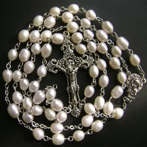 Vista 3 de elegantmedical Hecho a mano AAA 8-9MM perla natural perlas rosas rosario crucifijo Jesús cruz católica collar caja, Metal