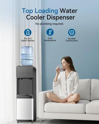 Vista 7 de Feelfunn Dispensador de agua de carga superior para botellas de 3 o 5 galones, dispensador de agua fría y caliente, dispensador de enfriador de agua