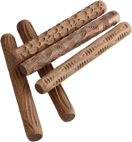 Vista 4 de OwnMy Juego de 5 rodillos de modelado de arcilla, hojas de pescado, patrón de grano de madera ondulada, 4.7 pulgadas, rodillo de arcilla