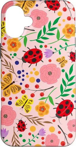 Vista 22 de iPhone 16 Cute Ladybugs Flowers Pink Pattern Bouquet Lover Cell Phone Case