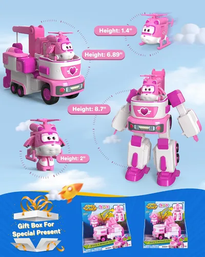 Vista 5 de Super Wings - Remolque de rescate de Dizzy's de 7 pies con mini figura rosa de Transform-a-Bot de 2 pies, juego de vehículos de juguete de avión