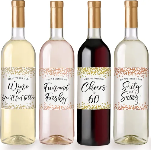 Vista 3 de Printed Party Etiquetas para botellas de vino de cumpleaños número 60, confeti, juego de 6