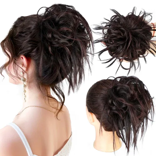 Vista 34 de HMD - Extensiones de cabello tipo chongo alborotado con rodelo despeinado, banda elástica de goma, extensiones de cabello sintético para mujer