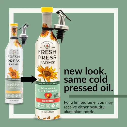 Vista 3 de Fresh Press Farms Aceite de girasol virgen extra prensado en frío, 16.4 onzas líquidas (paquete de 2), alto oleico, cultivado en Georgia, 100% hecho