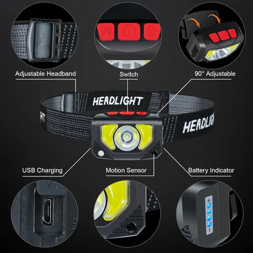 Vista 5 de Linterna frontal LED recargable, paquete de 3 linternas con sensor de movimiento para acampar al aire libre, ciclismo, correr, pesca