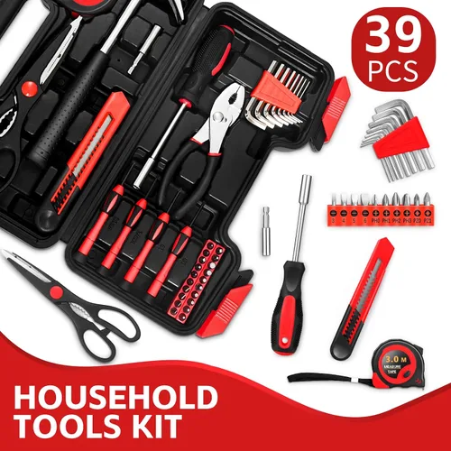 Vista 2 de Kit de herramientas para el hogar de 39 piezas, juego de herramientas manuales domésticas generales, caja de herramientas pequeña con estuche