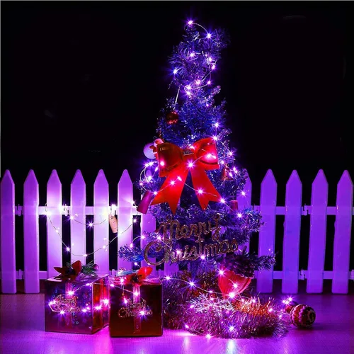 Vista 6 de RUICHEN Guirnalda de luces de alambre plateado enchufable, 33 pies, 100 luces LED estrelladas con carrete, color morado Waterproof Starry String