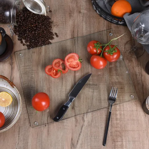 Vista 6 de Phore Tabla de cortar de vidrio templado para cocina, apta para lavavajillas, tabla de cortar transparente para encimera, resistente a los arañazos